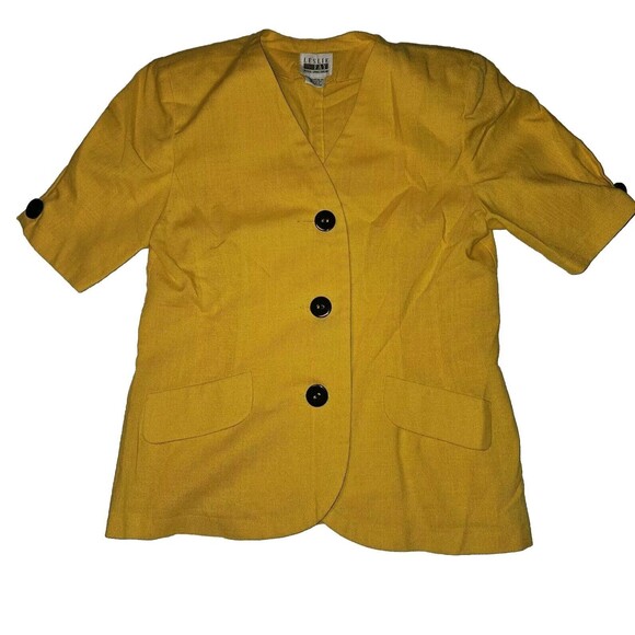 Leslie Fay Jackets & Blazers - Vintage Short Sleeve Button Up Blazer Yellow Big Buttons Size 12 Petite Retro